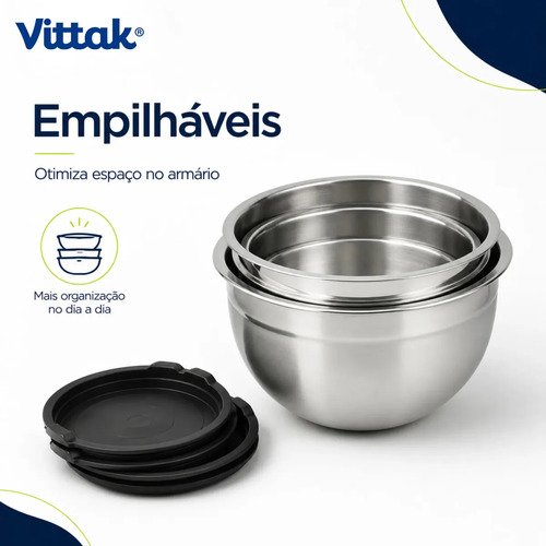 Vittak Conjunto 3 Bowls de Inox com Tampas Plásticas Utensílios de Cozinha Tamanhos Variados