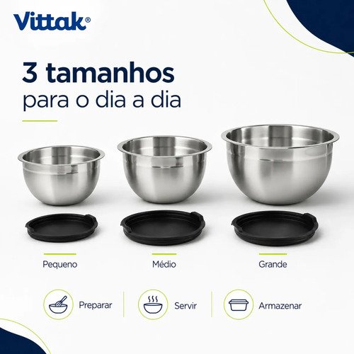 Vittak Conjunto 3 Bowls de Inox com Tampas Plásticas Utensílios de Cozinha Tamanhos Variados