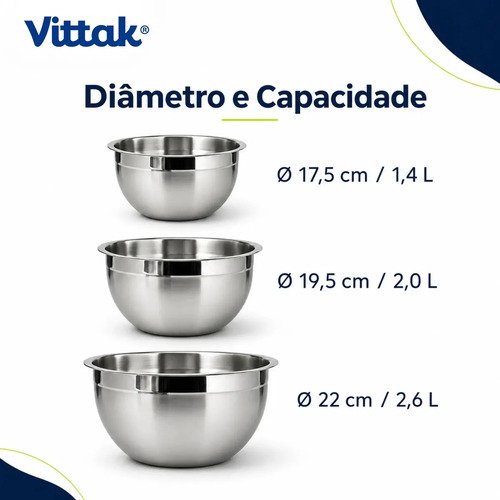 Vittak Conjunto 3 Bowls de Inox com Tampas Plásticas Utensílios de Cozinha Tamanhos Variados