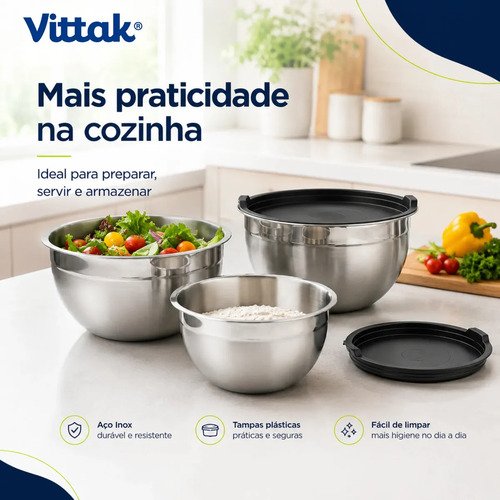 Vittak Conjunto 3 Bowls de Inox com Tampas Plásticas Utensílios de Cozinha Tamanhos Variados
