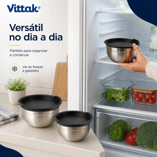 Vittak Conjunto 3 Bowls de Inox com Tampas Plásticas Utensílios de Cozinha Tamanhos Variados