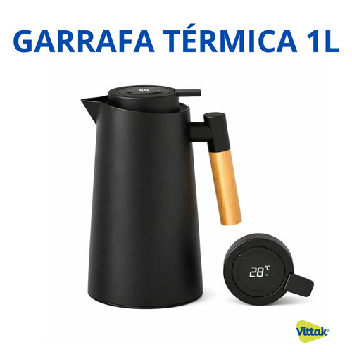 Vittak Garrafa Térmica Café Chá Vacuum Com Visor Digital Temperatura Cabo Madeira Mesa Posta Cor Preta