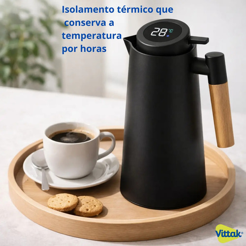 Vittak Garrafa Térmica Café Chá Vacuum Com Visor Digital Temperatura Cabo Madeira Mesa Posta Cor Preta