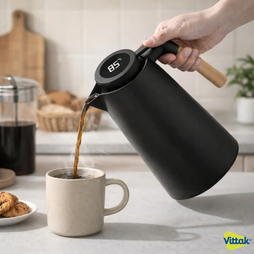 Vittak Garrafa Térmica Café Chá Vacuum Com Visor Digital Temperatura Cabo Madeira Mesa Posta Cor Preta