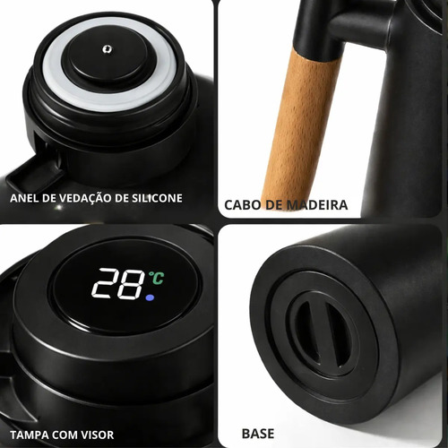 Vittak Garrafa Térmica Café Chá Vacuum Com Visor Digital Temperatura Cabo Madeira Mesa Posta Cor Preta