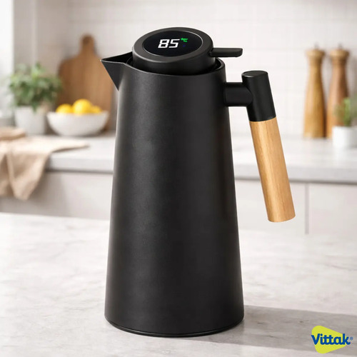 Vittak Garrafa Térmica Café Chá Vacuum Com Visor Digital Temperatura Cabo Madeira Mesa Posta Cor Preta