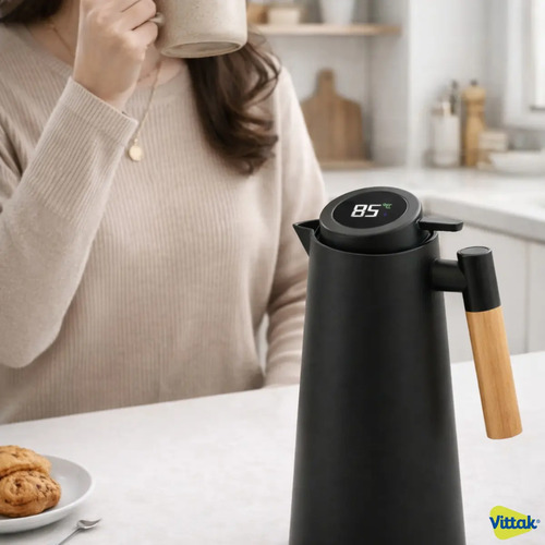 Vittak Garrafa Térmica Café Chá Vacuum Com Visor Digital Temperatura Cabo Madeira Mesa Posta Cor Preta