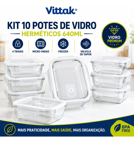 Vittak kit 10 potes vidro hermetico com 4 travas marmita mic