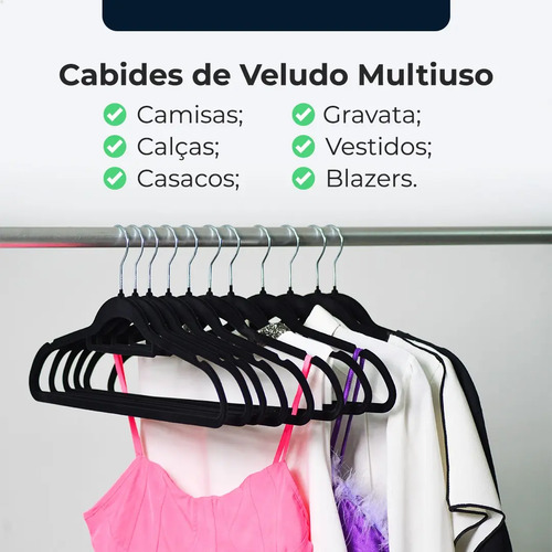 Vittak Kit 50 Cabides Veludo De Roupa Antideslizante Slim Adulto Cor Preto