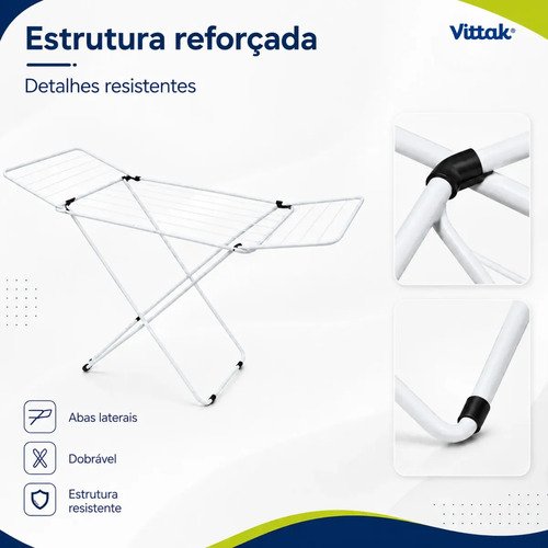 Vittak Varal de Chão Slim Dobrável com Abas Retráteis em Aço Reforçado Portátil para Roupas e Lavanderia
