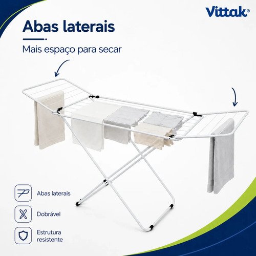 Vittak Varal de Chão Slim Dobrável com Abas Retráteis em Aço Reforçado Portátil para Roupas e Lavanderia