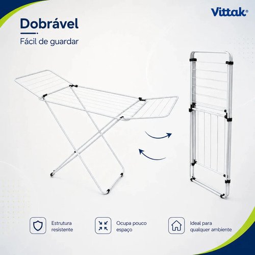 Vittak Varal de Chão Slim Dobrável com Abas Retráteis em Aço Reforçado Portátil para Roupas e Lavanderia