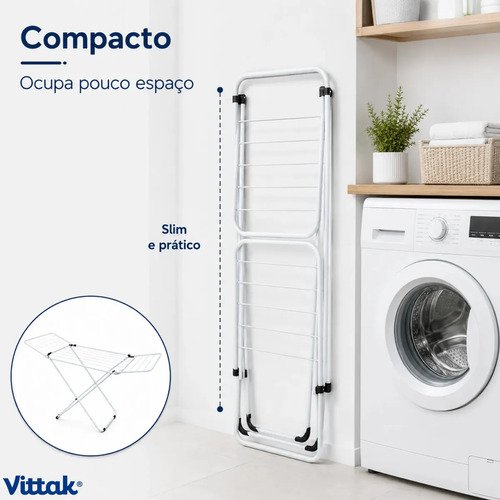 Vittak Varal de Chão Slim Dobrável com Abas Retráteis em Aço Reforçado Portátil para Roupas e Lavanderia