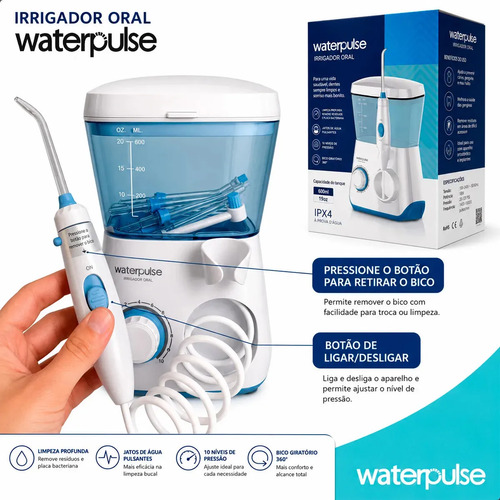Waterpulse Flosser Irrigador Oral Dental WP62- Elétrico Bocal Jato Limpador De Língua Água Dentes Boca Gengiva Mangueira 10 Modos Pressão Potente Silencioso 145 PSI 600ml 8 Bicos