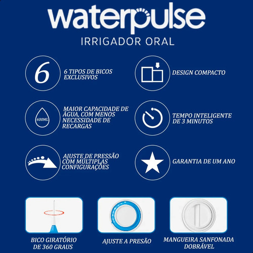 Waterpulse Flosser Irrigador Oral Dental WP62- Elétrico Bocal Jato Limpador De Língua Água Dentes Boca Gengiva Mangueira 10 Modos Pressão Potente Silencioso 145 PSI 600ml 8 Bicos