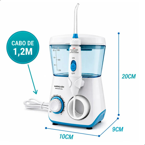 Waterpulse Flosser Irrigador Oral Dental WP62- Elétrico Bocal Jato Limpador De Língua Água Dentes Boca Gengiva Mangueira 10 Modos Pressão Potente Silencioso 145 PSI 600ml 8 Bicos