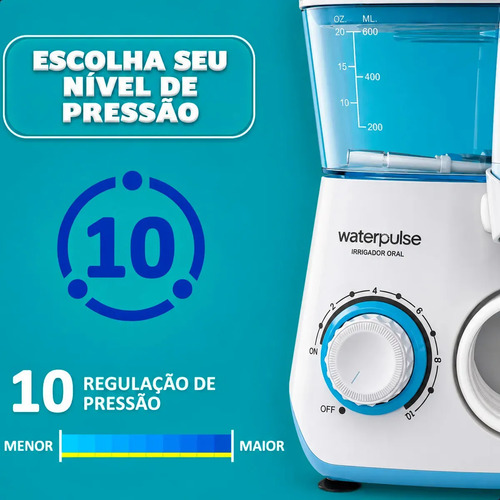 Waterpulse Flosser Irrigador Oral Dental WP62- Elétrico Bocal Jato Limpador De Língua Água Dentes Boca Gengiva Mangueira 10 Modos Pressão Potente Silencioso 145 PSI 600ml 8 Bicos