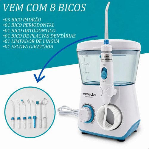 Waterpulse Flosser Irrigador Oral Dental WP62- Elétrico Bocal Jato Limpador De Língua Água Dentes Boca Gengiva Mangueira 10 Modos Pressão Potente Silencioso 145 PSI 600ml 8 Bicos
