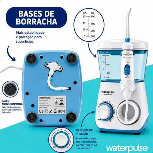Waterpulse Flosser Irrigador Oral Dental WP62- Elétrico Bocal Jato Limpador De Língua Água Dentes Boca Gengiva Mangueira 10 Modos Pressão Potente Silencioso 145 PSI 600ml 8 Bicos