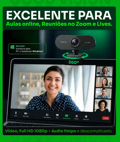 Webcam Camera Full Hd Zoom 1080p 360 Graus Videoconferencia Streamcam Web Cam Entrada Usb 2.0 Com Microfone- GoodVision