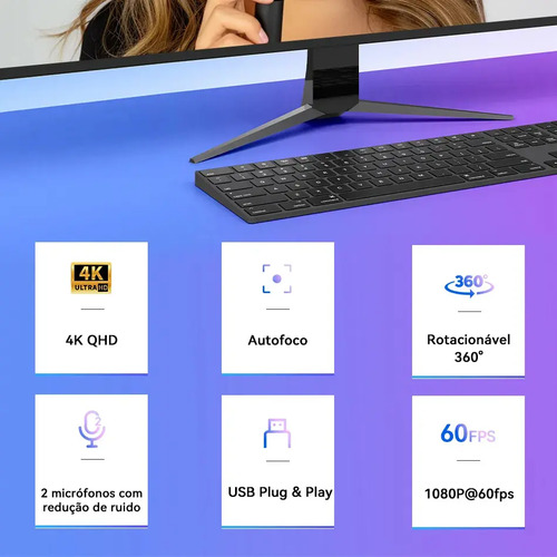 Webcam Emeet C60e 4k 30Fps Uhd 8mp Foco Automático 1080P 60fps Camera Para PC 2 microfon VideoConferencia Preto