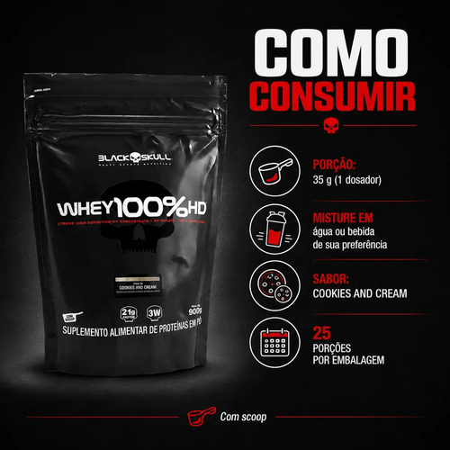 Whey 100% HD Black Skull Refil 900g Cookies