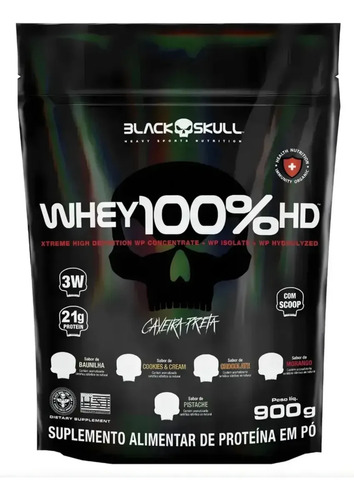 Whey 100 hd refil black skull 900g wpc wpi e wph sabor bau