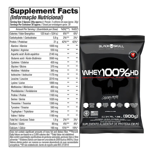 Whey 100% Hd Refil Black Skull 900g Wpc Wpi E Wph Sabor Baunilha