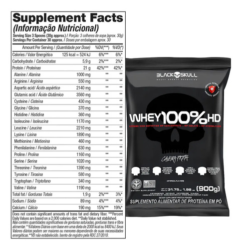 Whey 100% Hd Refil Black Skull 900g Wpc Wpi E Wph Sabor Baunilha
