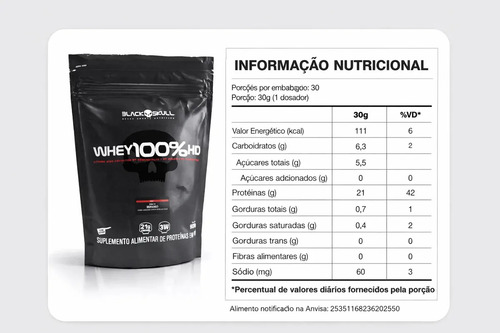 Whey 100% Hd Refil Black Skull - 900g (wpc, Wpi E Wph) Sabor Morango
