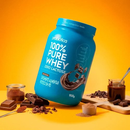 Whey Concentrado 900g 100% Pure Whey Zero Lactose Probiótica Whey Protein Chocolate Sem Lactose