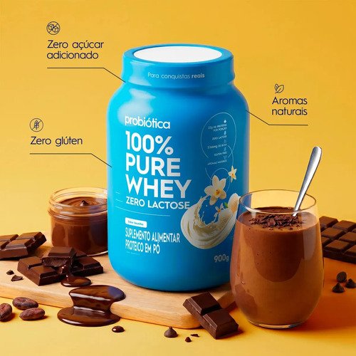 Whey Concentrado 900g 100% Pure Whey Zero Lactose Probiótica Whey Protein Chocolate Sem Lactose