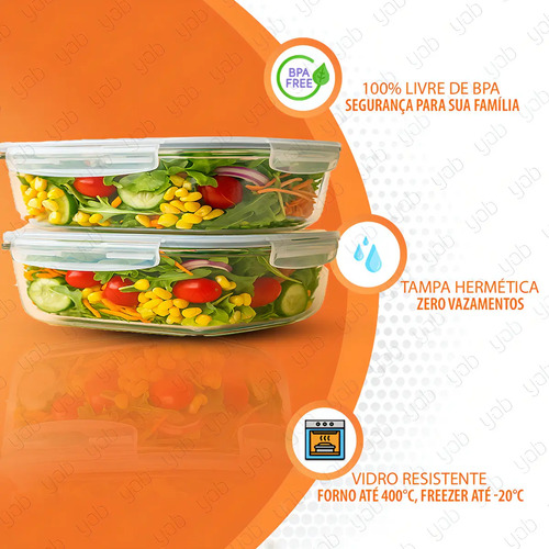 Yab - Kit 5 Potes De Vidro Marmita C/ Tampa Hermético 640ml Retangular 4 Travas Borossilicato Alimentos Micro-ondas Freezer Geladeira