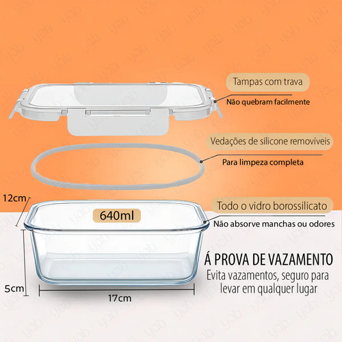 Yab - Kit 5 Potes De Vidro Marmita C/ Tampa Hermético 640ml Retangular 4 Travas Borossilicato Alimentos Micro-ondas Freezer Geladeira