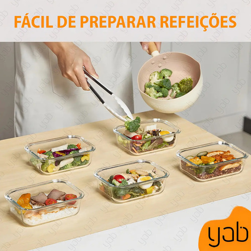 Yab - Kit 5 Potes De Vidro Marmita C/ Tampa Hermético 640ml Retangular 4 Travas Borossilicato Alimentos Micro-ondas Freezer Geladeira