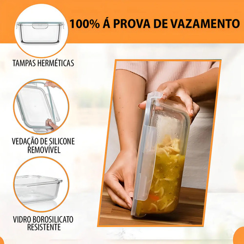 Yab - Kit 5 Potes De Vidro Marmita C/ Tampa Hermético 640ml Retangular 4 Travas Borossilicato Alimentos Micro-ondas Freezer Geladeira