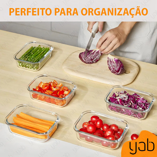 Yab - Kit 5 Potes De Vidro Marmita C/ Tampa Hermético 640ml Retangular 4 Travas Borossilicato Alimentos Micro-ondas Freezer Geladeira