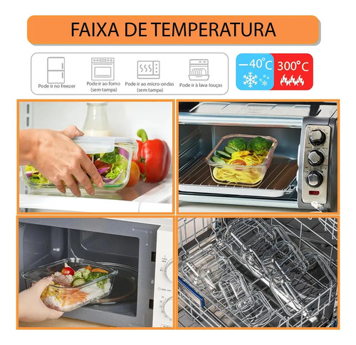 Yab - Kit 5 Potes De Vidro Marmita C/ Tampa Hermético 640ml Retangular 4 Travas Borossilicato Alimentos Micro-ondas Freezer Geladeira