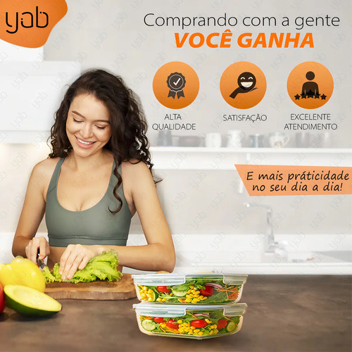 Yab - Kit 5 Potes De Vidro Marmita C/ Tampa Hermético 640ml Retangular 4 Travas Borossilicato Alimentos Micro-ondas Freezer Geladeira