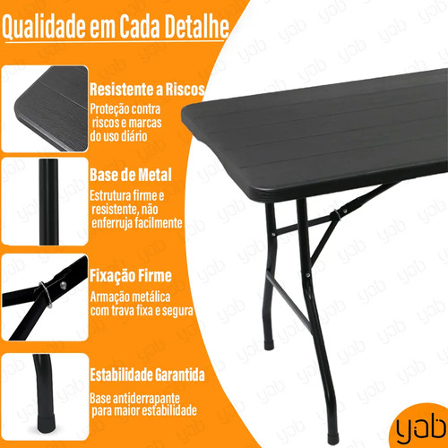 Yab - Mesa Dobrável 1,80 M Vira Maleta C/ Alça Resistente Camping Praia Premium Área Externa/interna 180cm Portátil - Cor Preto Amadeirado