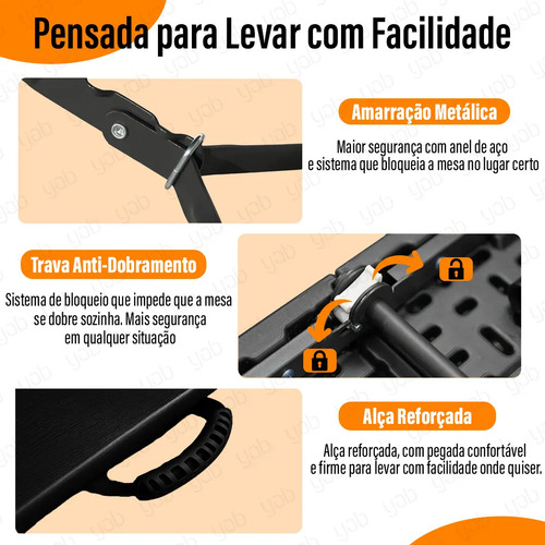 Yab - Mesa Dobrável 1,80 M Vira Maleta C/ Alça Resistente Camping Praia Premium Área Externa/interna 180cm Portátil - Cor Preto Amadeirado