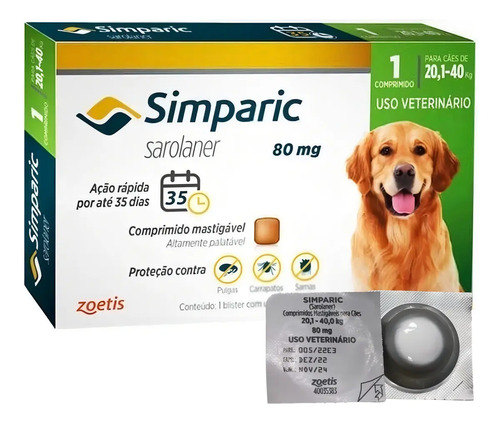 Zoetis simparic 80mg antipulgas carrapatos caes 20 40kg 1 co