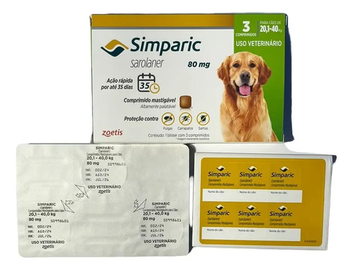 Zoetis Simparic 80mg Antipulgas Carrapatos Cães 20-40kg 1 Comprimido